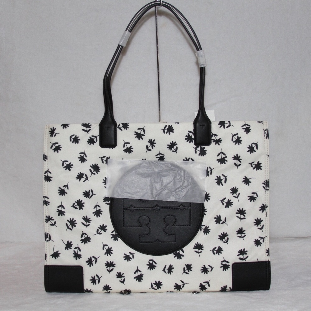 NWT Tory Burch Large Ella Tote Tori Handbag Work Bag Purse Black Scatter Daisy